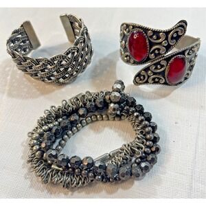 Lot Of 3 Silver Tone Statement Bracelets, Cuff, Braided, Multi Strand